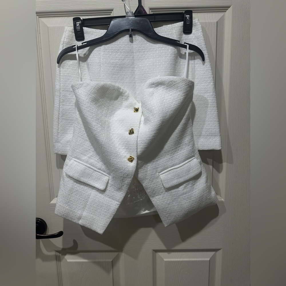 Commense White Blazer and Skirt Set with Gold Buttons